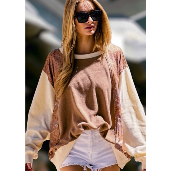 DAVI & DANI Plus Size Rust Cream Solid & Boho Print Oversized Pullover - Picture 3 of 9